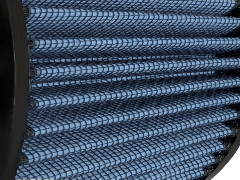 aFe MagnumFLOW Air Filter with a blue mesh design, featuring a cylindrical shape and multiple pleats for enhanced airflow.