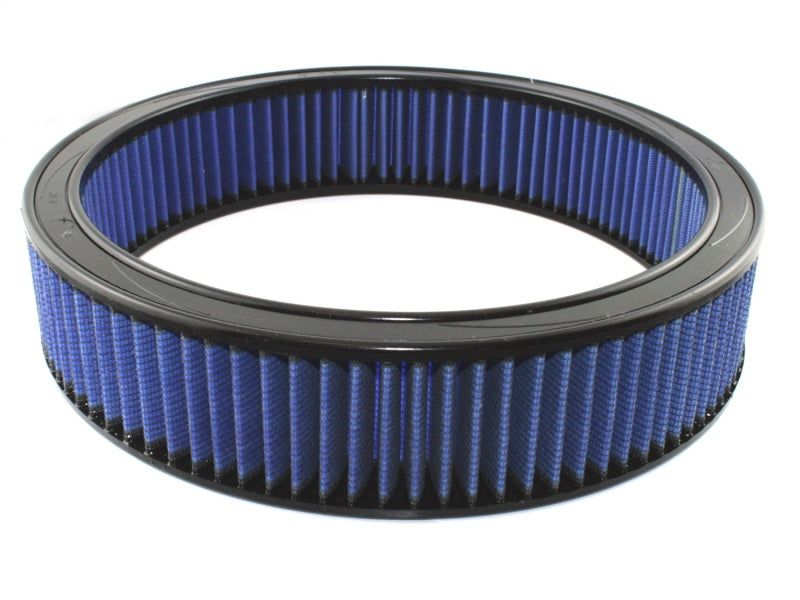 aFe MagnumFLOW Air Filter designed for GM cars and trucks from 1965 to 1985 with V8 engines, featuring a blue filter element.