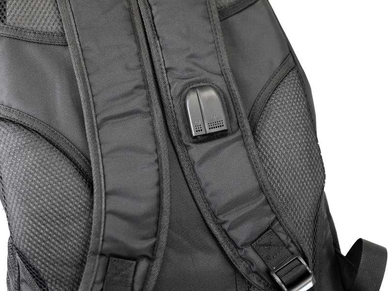 Lightweight black tactical backpack featuring a USB charging port and padded straps for comfort and convenience.