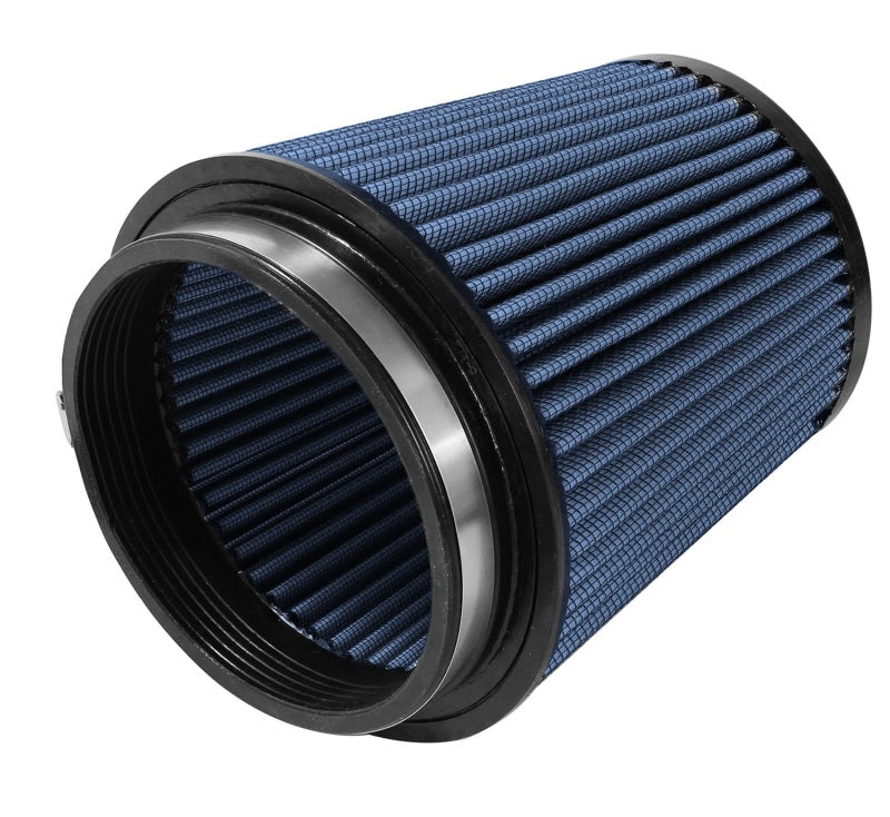 aFe MagnumFLOW Pro 5R intake air filter with a blue pleated design, featuring a cylindrical shape and rubber sealing.