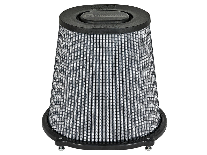 aFe Quantum Pro DRY S Air Filter featuring a flat top design, 5-inch flange, and 9-inch height for enhanced engine performance.
