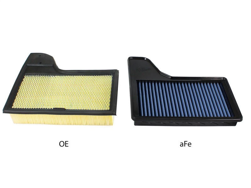 aFe MagnumFLOW PRO 5R air filter comparison with OEM filter for 2015 Ford Mustang L4, V6, V8 models.