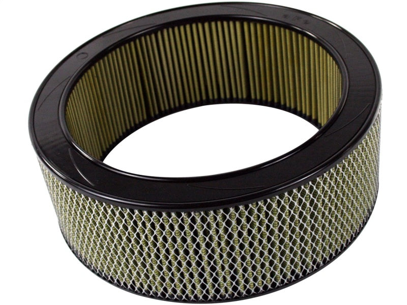 Round aFe MagnumFLOW Air Filter designed for racing, measuring 14 inches outer diameter and 11 inches inner diameter.