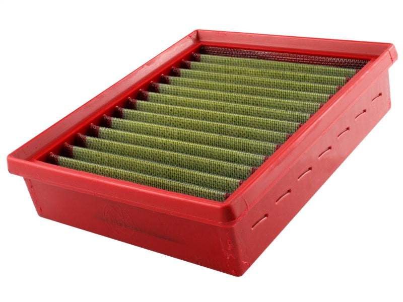 aFe MagnumFLOW Air Filter for Peugeot 206 98-06, featuring a red frame and green filter media for improved airflow.