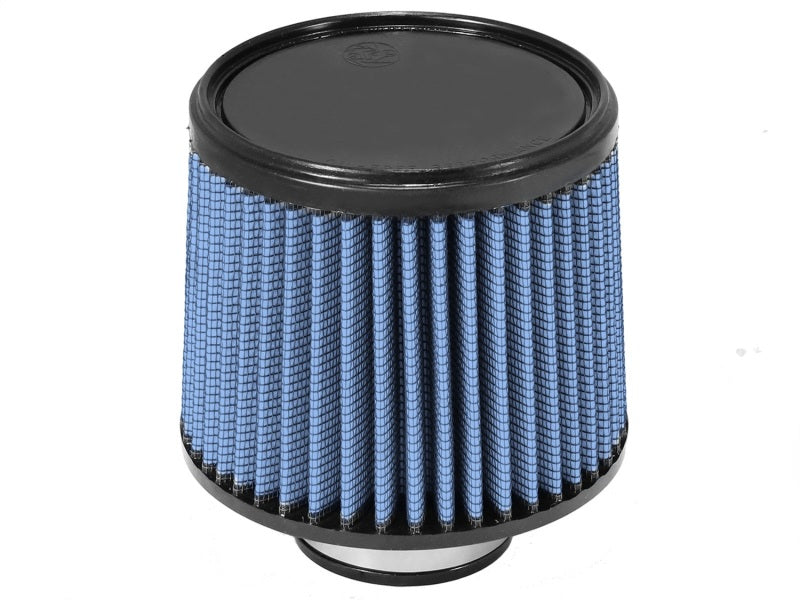 aFe MagnumFLOW Air Filter with a blue pleated design, featuring a black top and a 3/8-inch hole for easy installation.