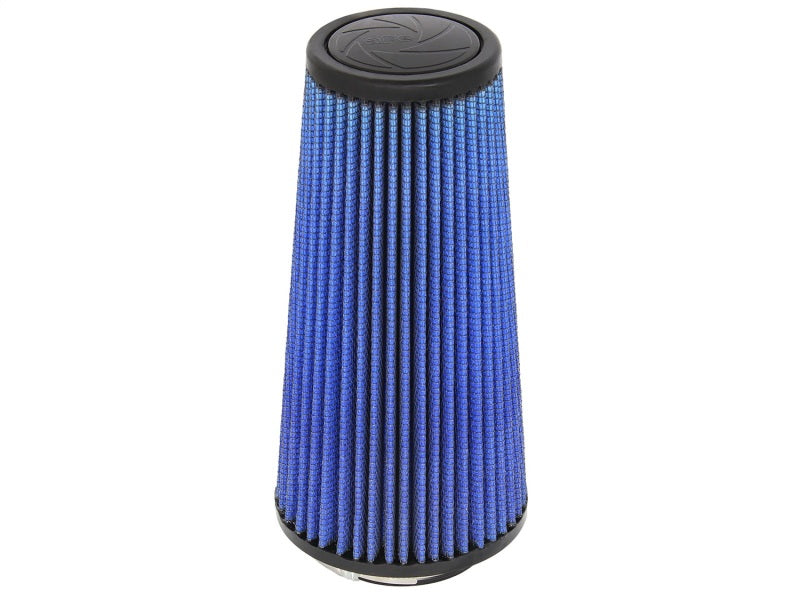 aFe MagnumFLOW Air Filter with a conical design, featuring blue pleated media for enhanced airflow and filtration.