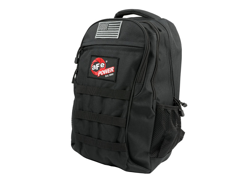 aFe Power lightweight tactical backpack in black featuring a USB charging port and American flag patch on the front.