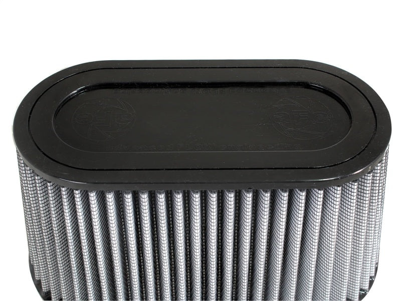 aFe MagnumFLOW Air Filter with a rectangular design, featuring a black top and pleated filter media for improved airflow.