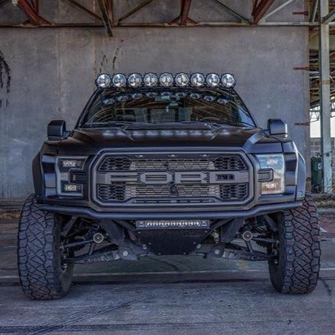 2017-2020 Ford Raptor fenders showcased on a modified truck with off-road lights and rugged tires.