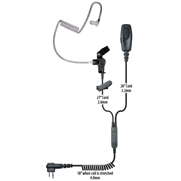 2 Wire Security Ear Piece with clear acoustic tube, microphone, and push-to-talk button for discreet communication.