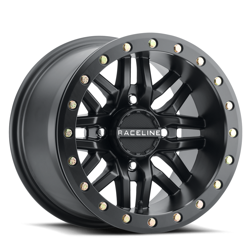 A91B Ryno Beadlock wheel featuring a sleek black finish and distinctive beadlock design for offroad performance.