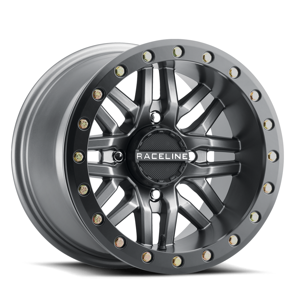A91G Ryno Beadlock wheel featuring a sleek design with a dark finish and beadlock ring for offroad performance.