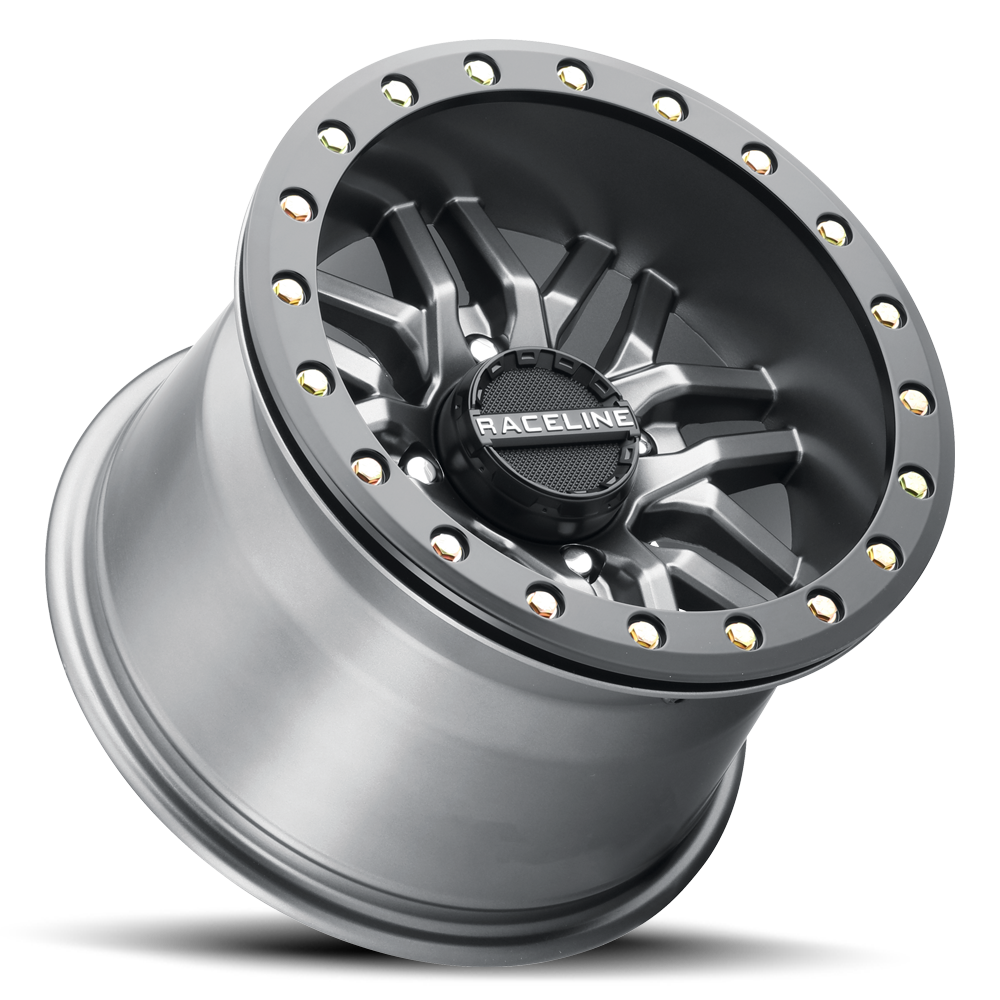 A91G Ryno Beadlock wheel featuring a sleek design with a metallic finish and decorative beadlock ring for offroad performance.