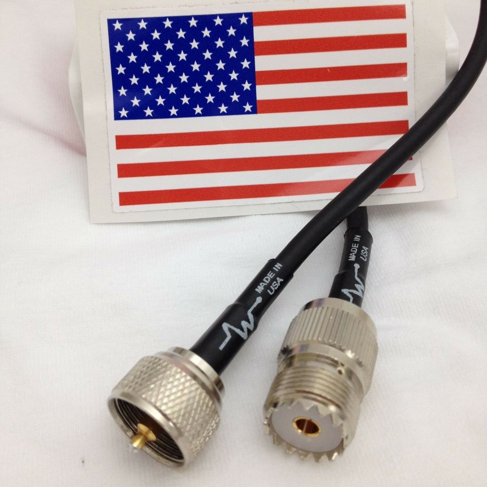 3ft PL-259 UHF SO239 coax antenna extension cable with connectors, featuring a Made in USA tag and American flag background.