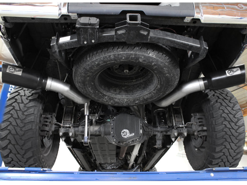Large Bore-HD DPF-Back exhaust system installed on a Ford diesel truck, showcasing dual exhaust pipes and undercarriage components.