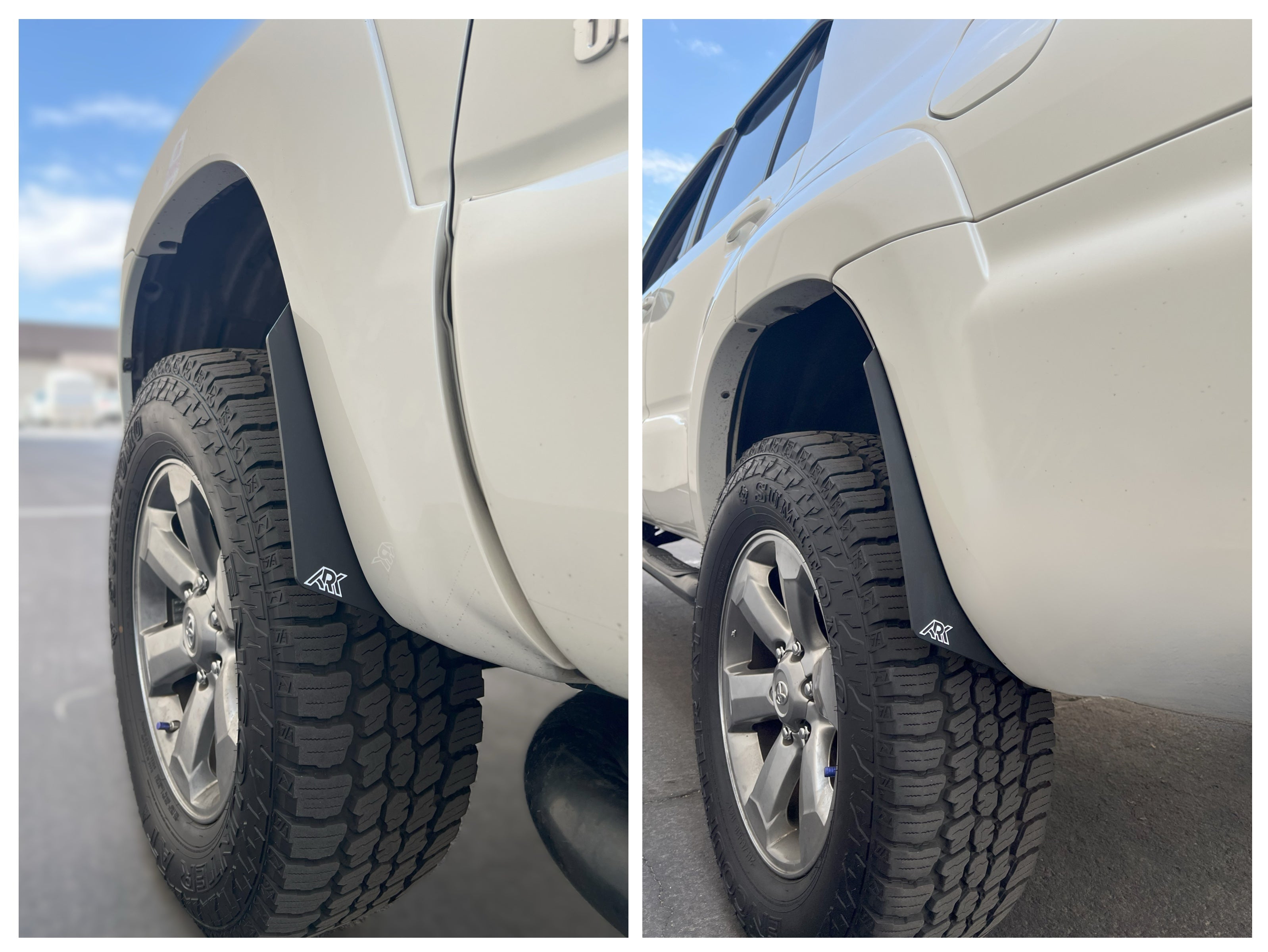 2006-2009 Toyota 4Runner Micro Flare Mud Flap Deletes installed on a vehicle, showcasing enhanced tire visibility and style.
