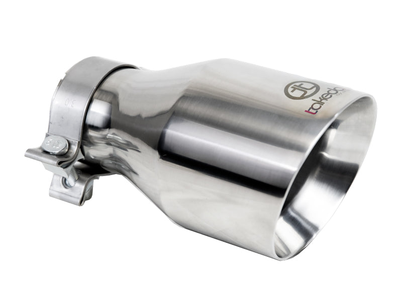 Afe Takeda universal exhaust tip with a 3-inch inlet, 5-inch outlet, and 9-inch length, featuring a polished stainless steel finish.