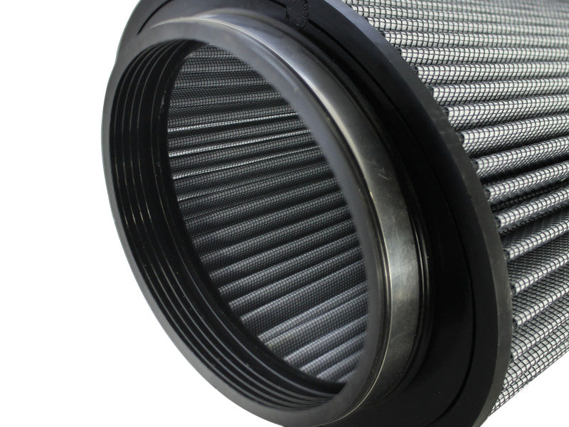 Close-up of the aFe Magnum FORCE replacement air filter showcasing its cylindrical design and mesh construction for enhanced airflow.