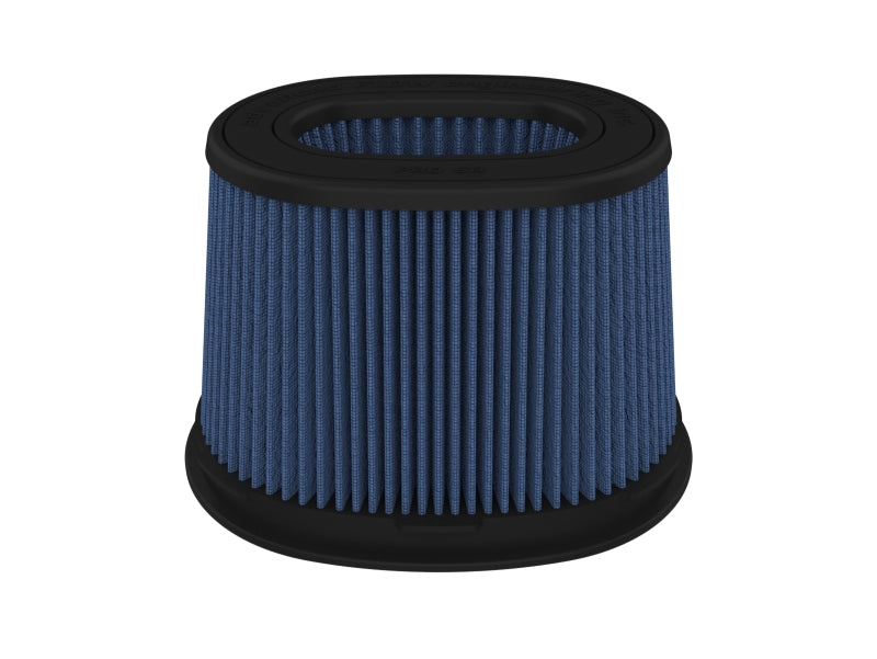 afe Momentum Intake replacement air filter with a cylindrical design, featuring a blue pleated filter media and a black rubber base.