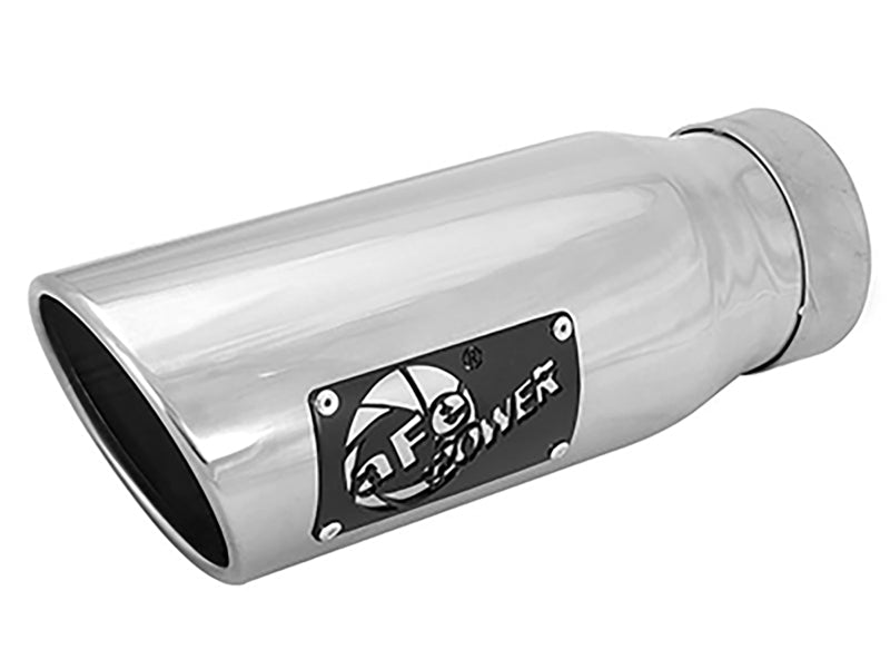 Polished afe MACH Force-Xp universal exhaust tip with a 3-1/2 inch inlet, 4-1/2 inch outlet, and 12 inch length.