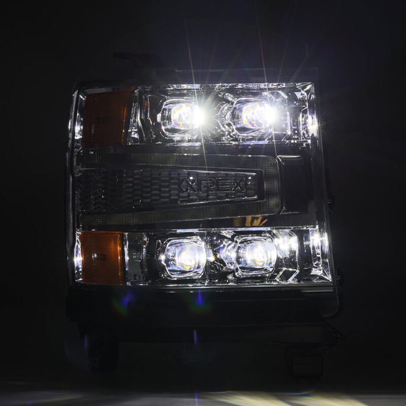 AlphaRex NOVA-Series LED projector headlights for 2016-2018 Chevy 1500HD with active lighting and sequential signals.