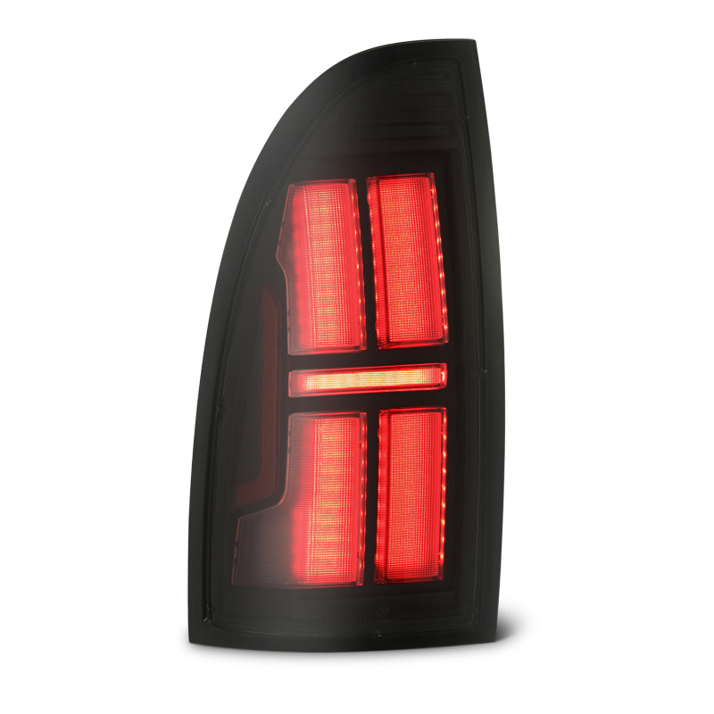 AlphaRex NOVA LED tail lights for 2005-2015 Toyota Tacoma in black, featuring a modern design with bright red illumination.