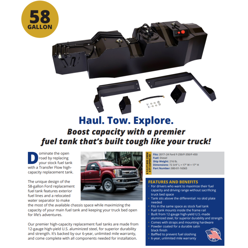 Transfer Flow 58 Gallon Midship Replacement Fuel Tank Ford F-250 F-350 F-450 Model 0800116565