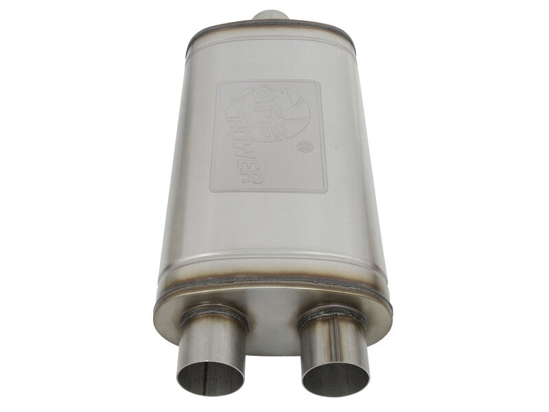 Afe MACH Force-Xp oval muffler with dual outlets, 3-inch inlet, 11-inch width, 6-inch height, and 22-inch length.