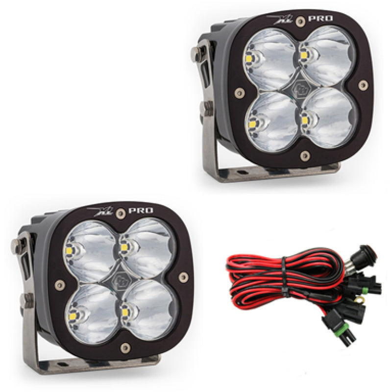 Baja Designs XL Pro Series LED light pods with high-speed spot pattern, featuring four powerful lights and wiring harness.