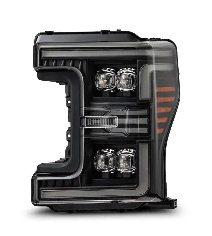 AlphaRex NOVA-Series LED projector headlights for 2017-2019 Ford F-250/350/450, featuring a sleek black design and integrated lights.
