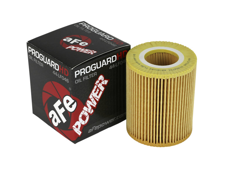 aFe PROGUARD oil filter with a yellow pleated design next to its branded packaging, ideal for high-performance vehicles.