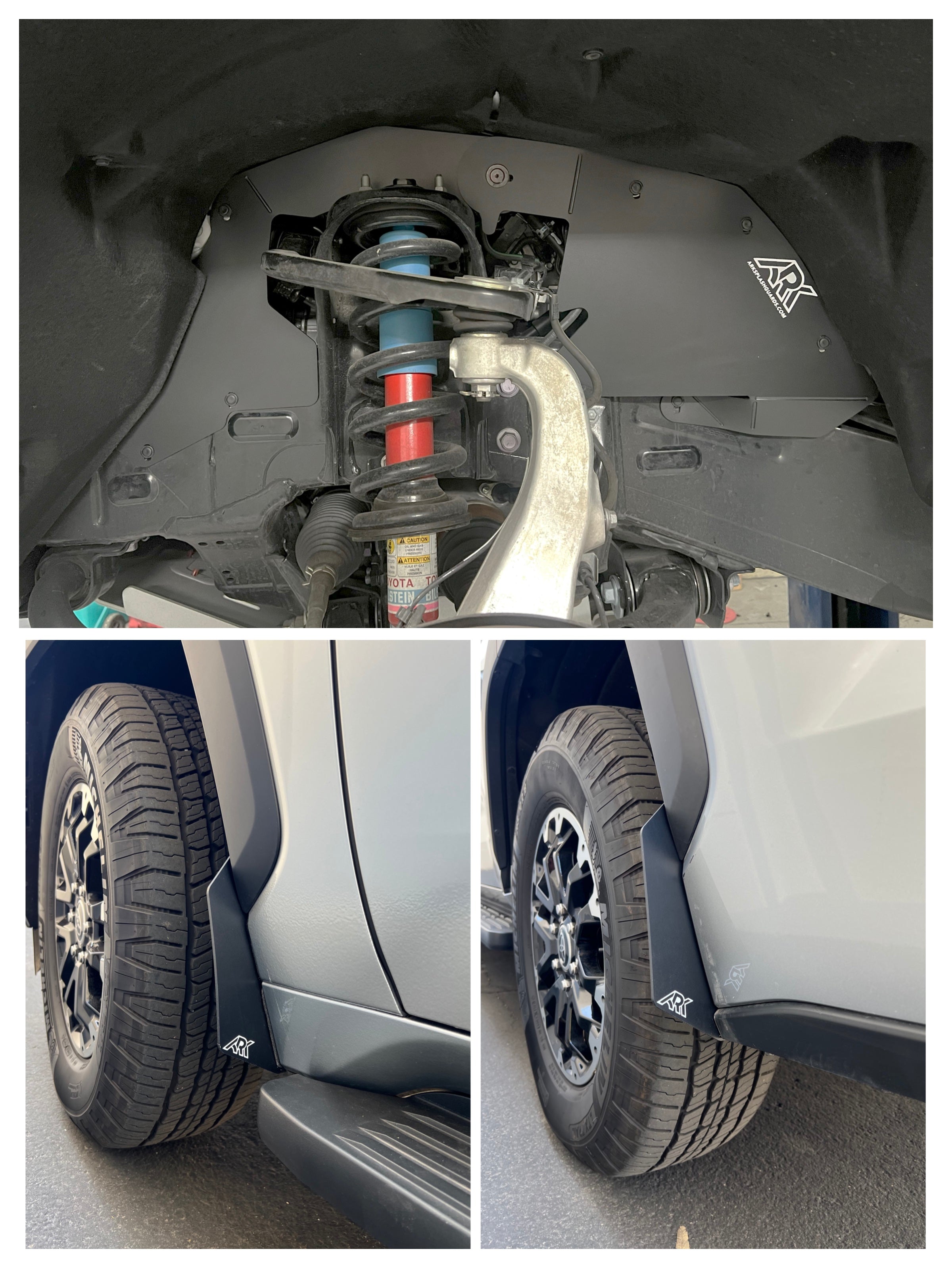 2022+ Toyota Sequoia TriXPoly bundle showcasing suspension components and tire with mud flaps for enhanced offroad performance.