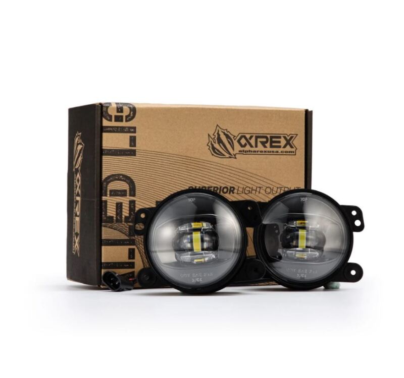 AlphaRex DoubleTap dual color LED fog lights for Chrysler, Dodge, Hummer, and Jeep, featuring white and amber lighting.
