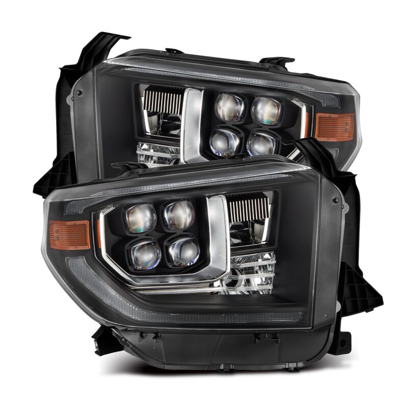 AlphaRex NOVA-Series LED projector headlights for 2014-2021 Toyota Tundra in black with sequential signals and DRL.