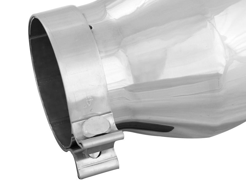 Polished stainless steel afe MACH Force-Xp exhaust tip with a 4-inch inlet, 6-inch outlet, and 9-inch length.