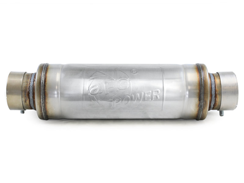 Afe MACH Force-Xp round muffler with 3-inch inlet, 5-inch diameter, and 19-inch length for enhanced exhaust performance.