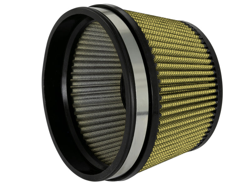 Afe Magnum FORCE intake replacement air filter featuring a cylindrical design with a yellow and gray mesh filter element.