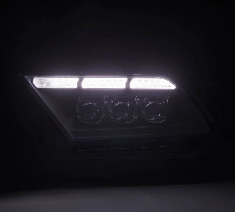 AlphaRex NOVA-Series LED projector headlights for 10-12 Ford Mustang in black with sequential signal and active lighting.