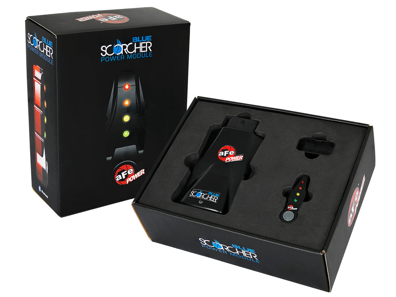afe SCORCHER Power Module for Ford F-150 V6-3.0L, featuring a sleek design and LED indicators, packaged in a branded box.