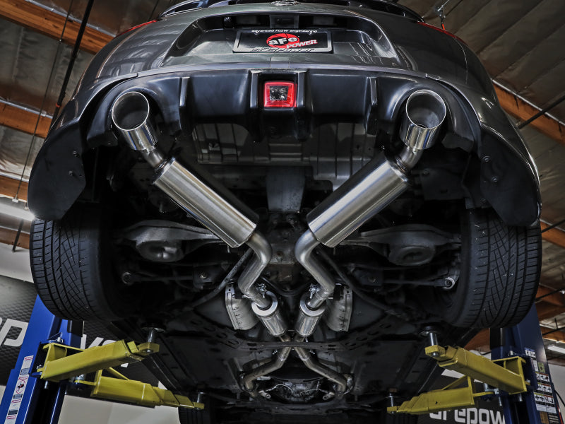 Cat-back exhaust system for Nissan 370Z V6-3.7L, showcasing polished dual exhaust tips and undercarriage installation.