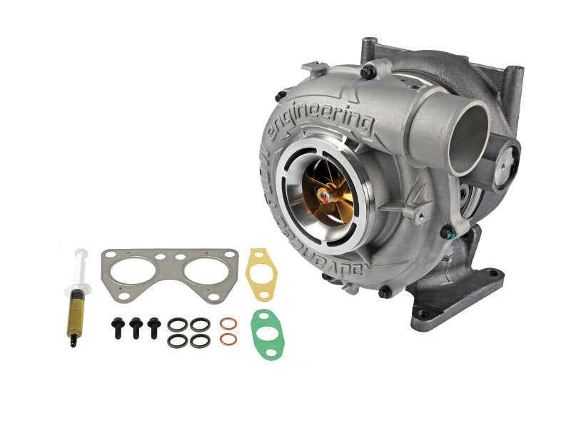 Afe BladeRunner turbocharger for GM diesel trucks, compatible with 2004.5-2010 V8-6.6L LLY/LBZ/LMM, with installation components.