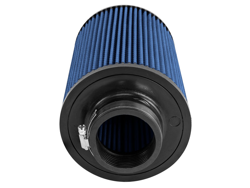 afe Magnum FORCE intake replacement air filter featuring a blue filter media with a cylindrical design and a black base.