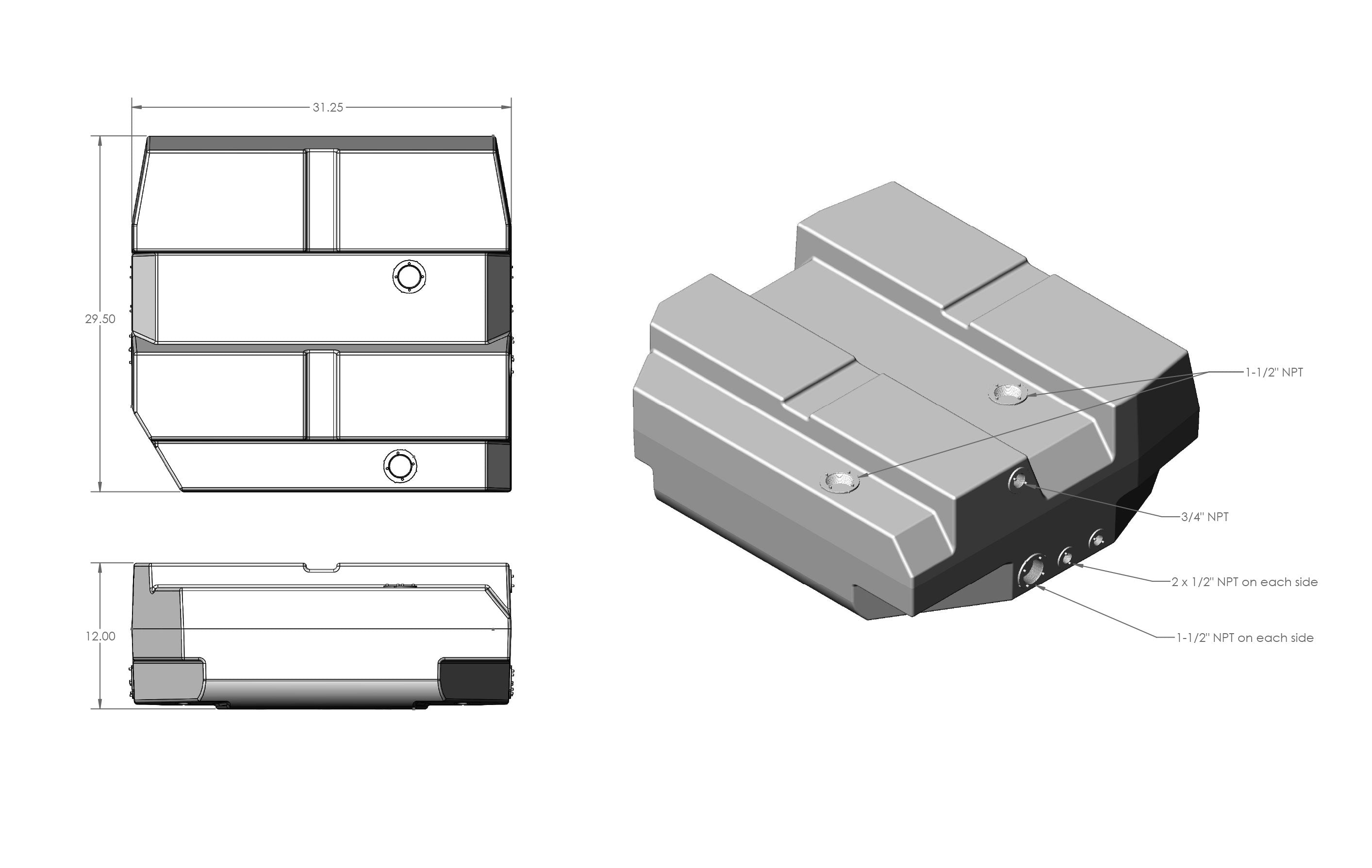37-gallon fresh water tank for 2007-2025 Mercedes Sprinter, designed for 144" and 170" models, featuring multiple NPT connections.