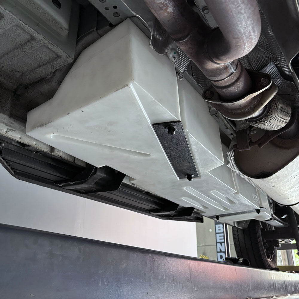 20-gallon undercarriage fresh/grey water tank for 2015-2025 Ford Transit, designed for passenger side installation.