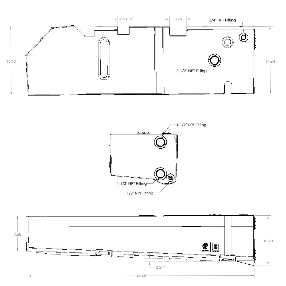 22-gallon undercarriage fresh/grey water tank for 2015-2025 Ford Transit, featuring multiple NPT fittings and precise dimensions.