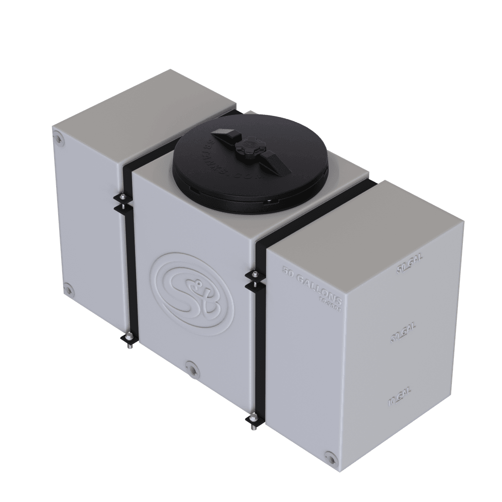 50-gallon detail tank with secure straps and a sturdy cap, designed for efficient fluid storage and transport.