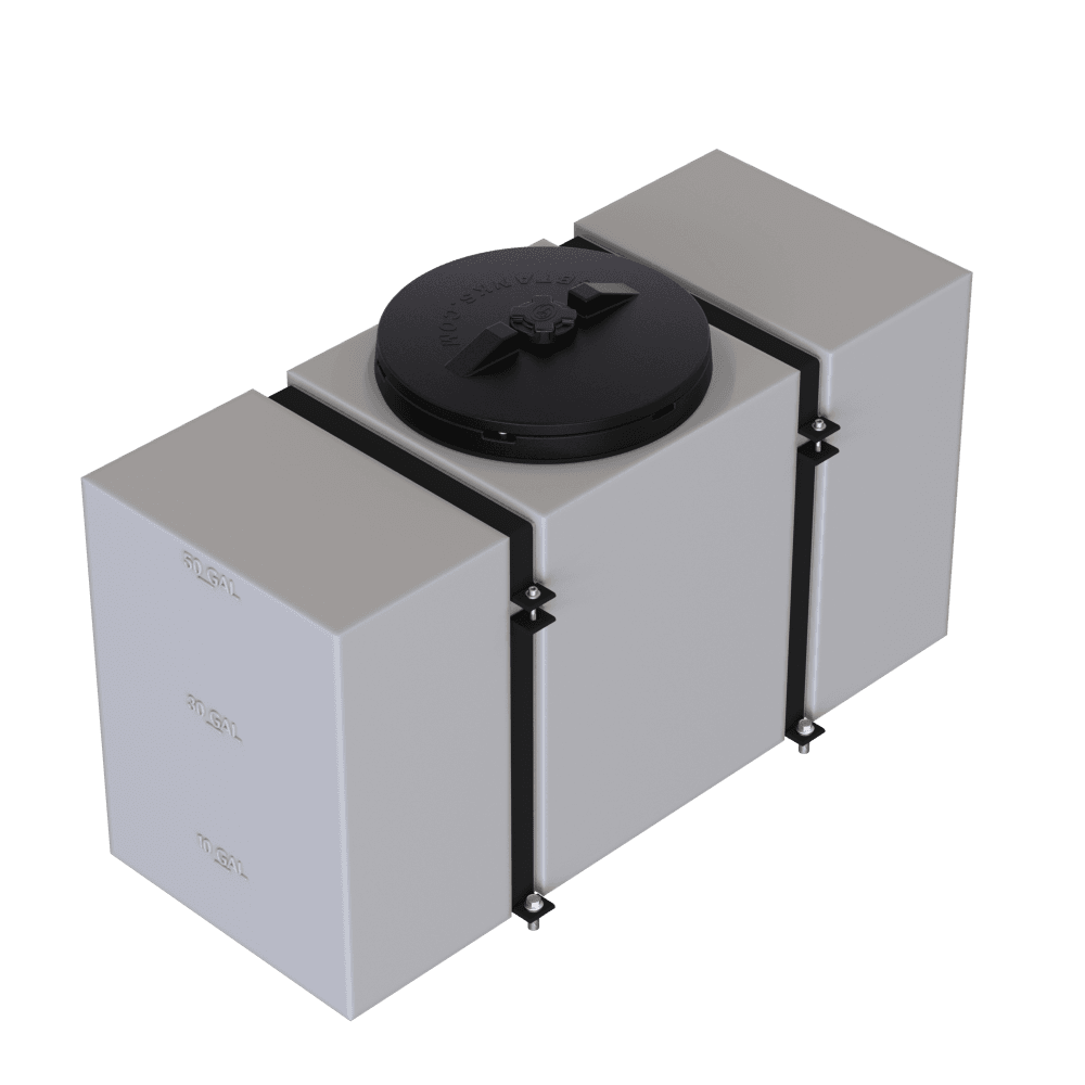 50-gallon detail tank with secure straps and a black cap, designed for efficient fluid storage and transport.