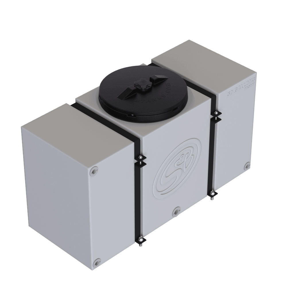 50-gallon detail tank with secure straps and a black cap, designed for efficient fluid storage and transport.