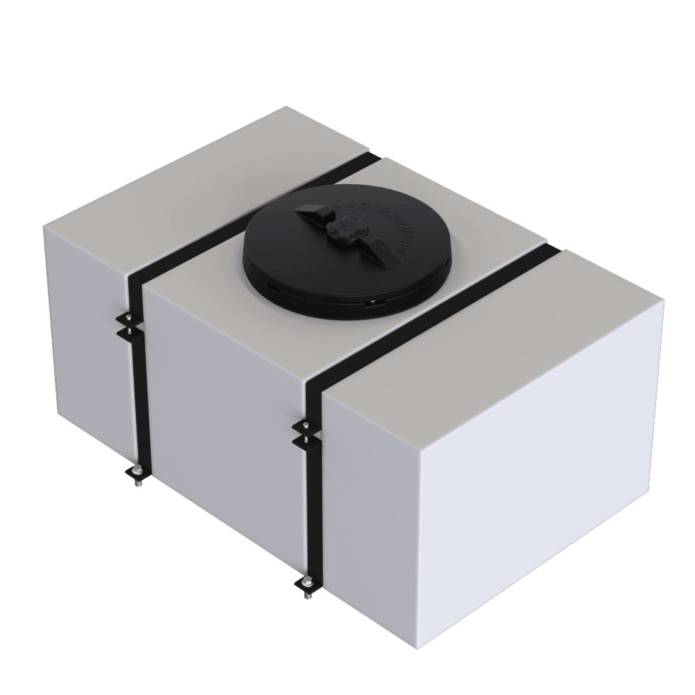 60-gallon detail tank with secure straps and a black cap, designed for efficient fluid storage and transport.