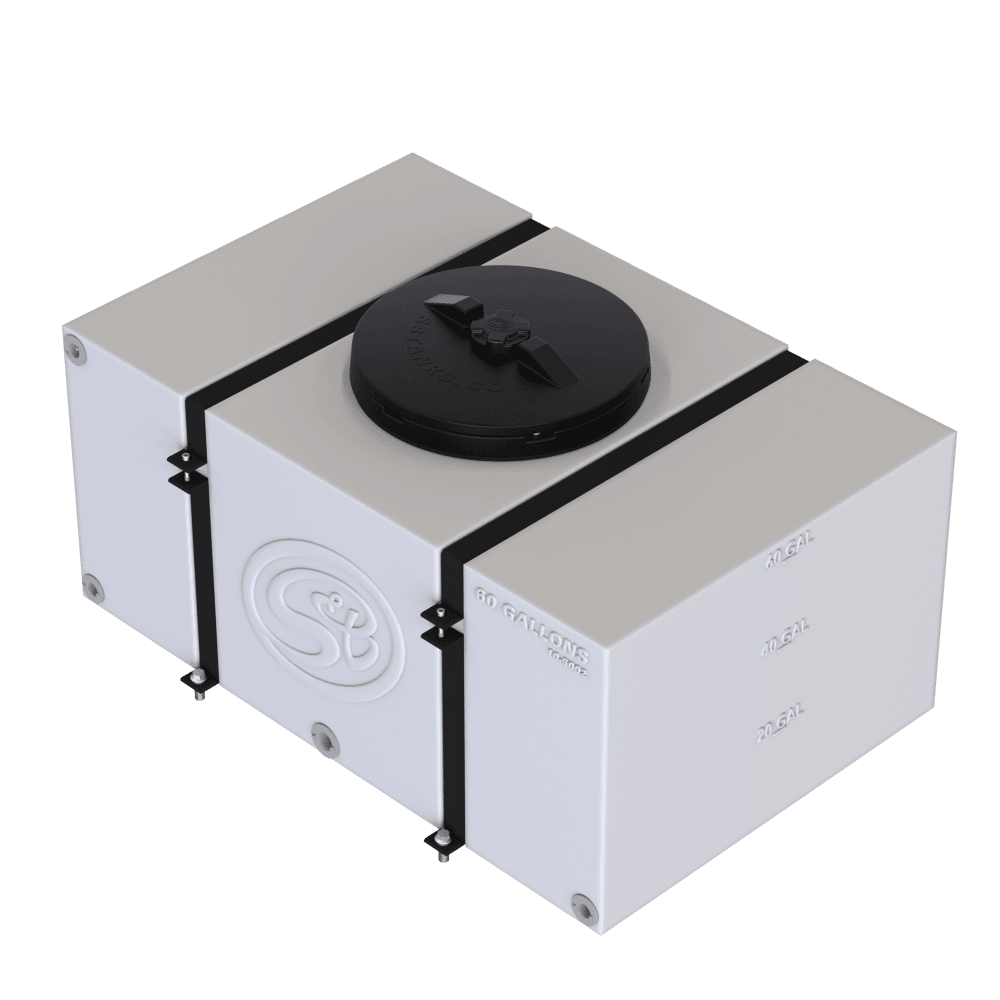 60-gallon detail tank with secure straps and a black cap, designed for efficient fluid storage and transport.